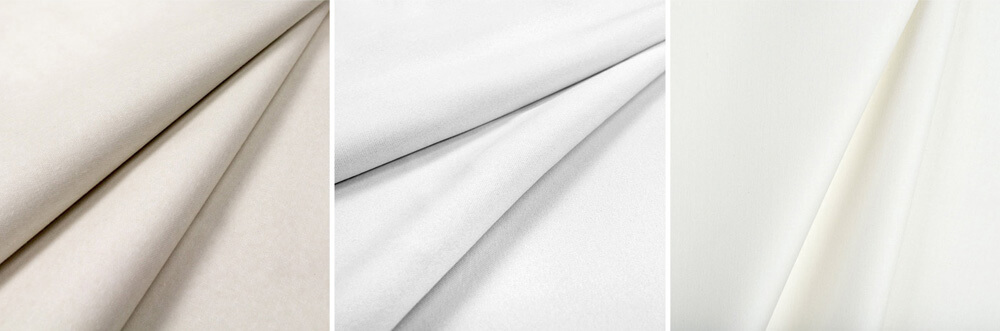 L to R: Roclon Budget Blackout Ivory/Ecru Drapery Lining, Hanes White Apollo Drapery Lining, Hanes Ivory Outblack Drapery Lining