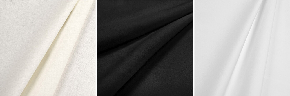 L to R: Hanes Ivory Crown Cotton FR Drapery Lining, Hanes Black Apollo FR Drapery Lining, Hanes White Flame’trol FR Drapery Lining