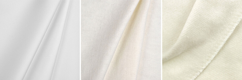 L to R: Hanes White Thermafoam Drapery Lining, Hanes Heavy Flannel Drapery Lining – Natural, Hanes Natural Classic Bump Drapery Interlining