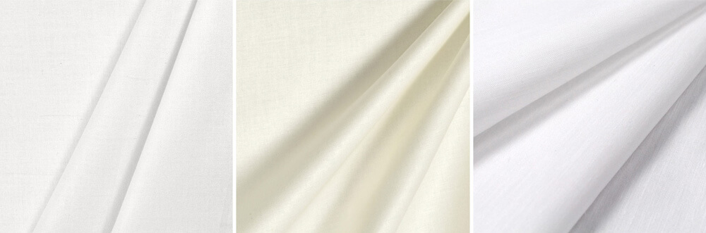 L to R: Hanes White Weather Guard Drapery Lining, Roclon Rain No Stain Ivory Drapery Lining, Roclon Econosheen White Drapery Lining
