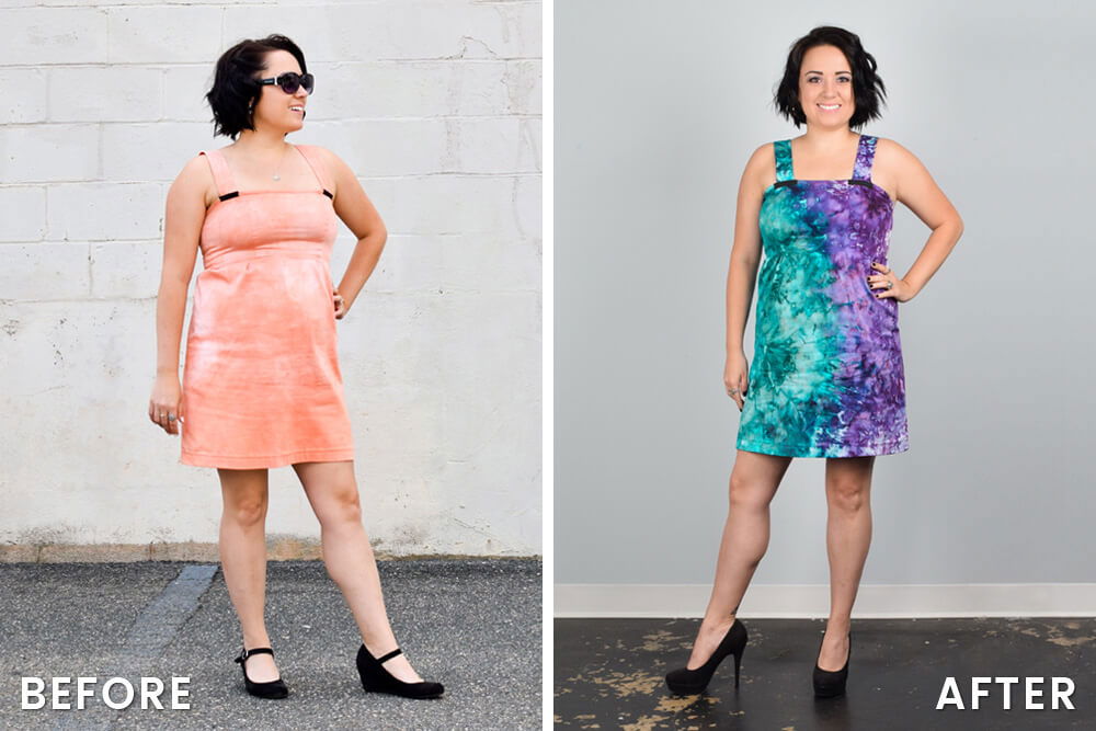 Ice Dyeing Results - Jen's dress before & after