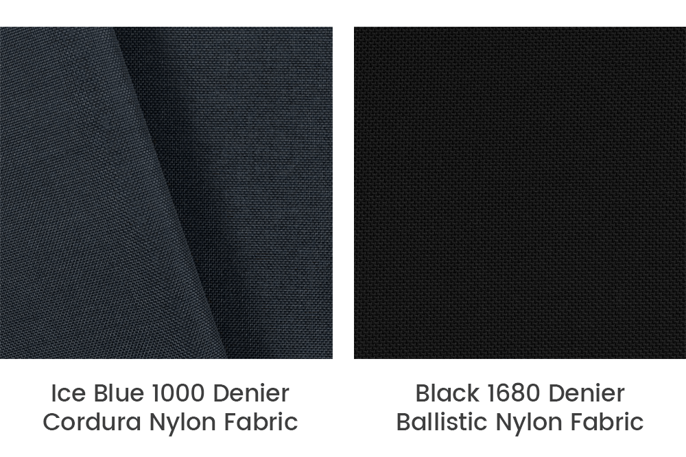 Ice Blue 1000 Denier Cordura Nylon Fabric (left) and Black 1680 Denier Ballistic Nylon Fabric (right)