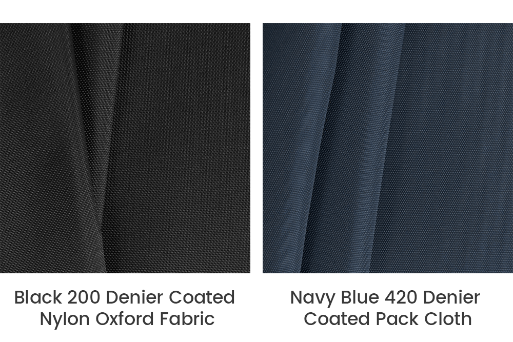 200 Denier Coated Nylon Oxford Fabric (left) and Navy Blue 420 Denier Coated Pack Cloth (right)